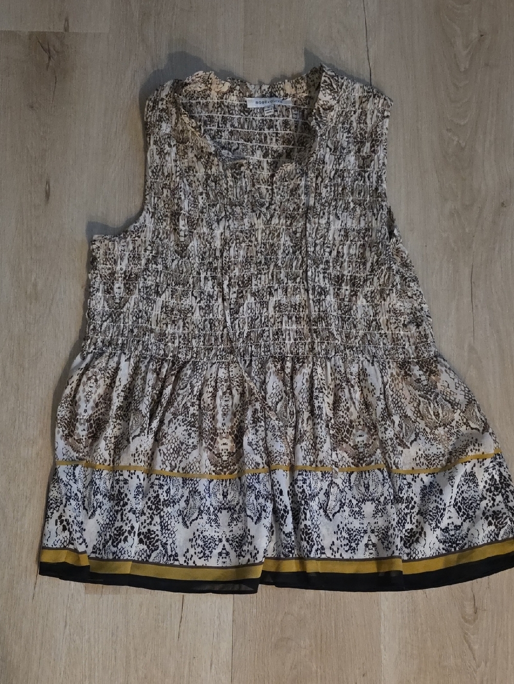 Rose & Olive Smocked Peplum Beige Snake Print Blousr